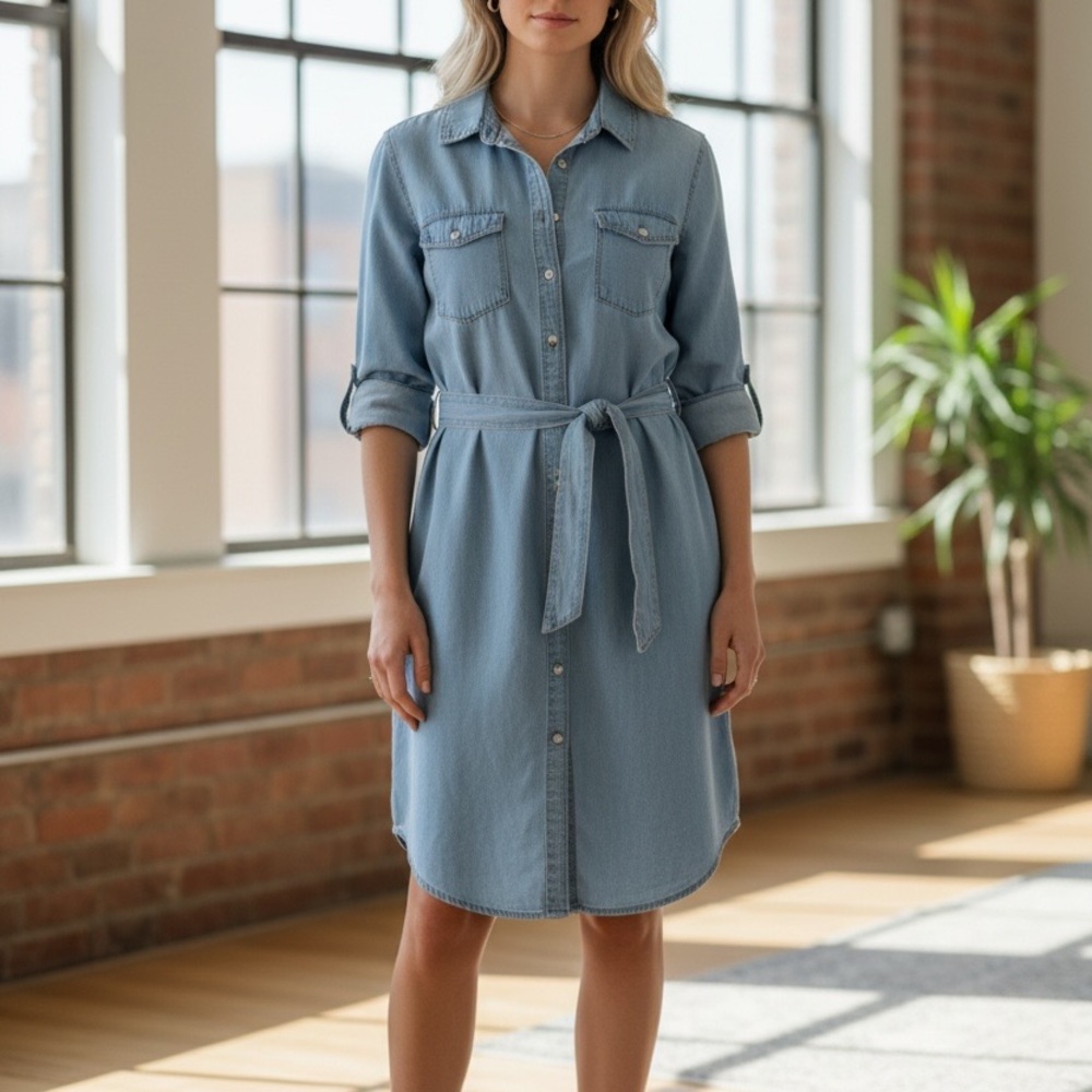 Banana Republic Chambray Light Blue Shirt Dress Tie Belt Side Pockets Size L
